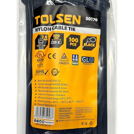 Tolsen Cable Tie, 12 in L, 82.8 mm Max Bundle Dia., Black, Nylon 6/6, 120 lb Strength, 100 PK 50170